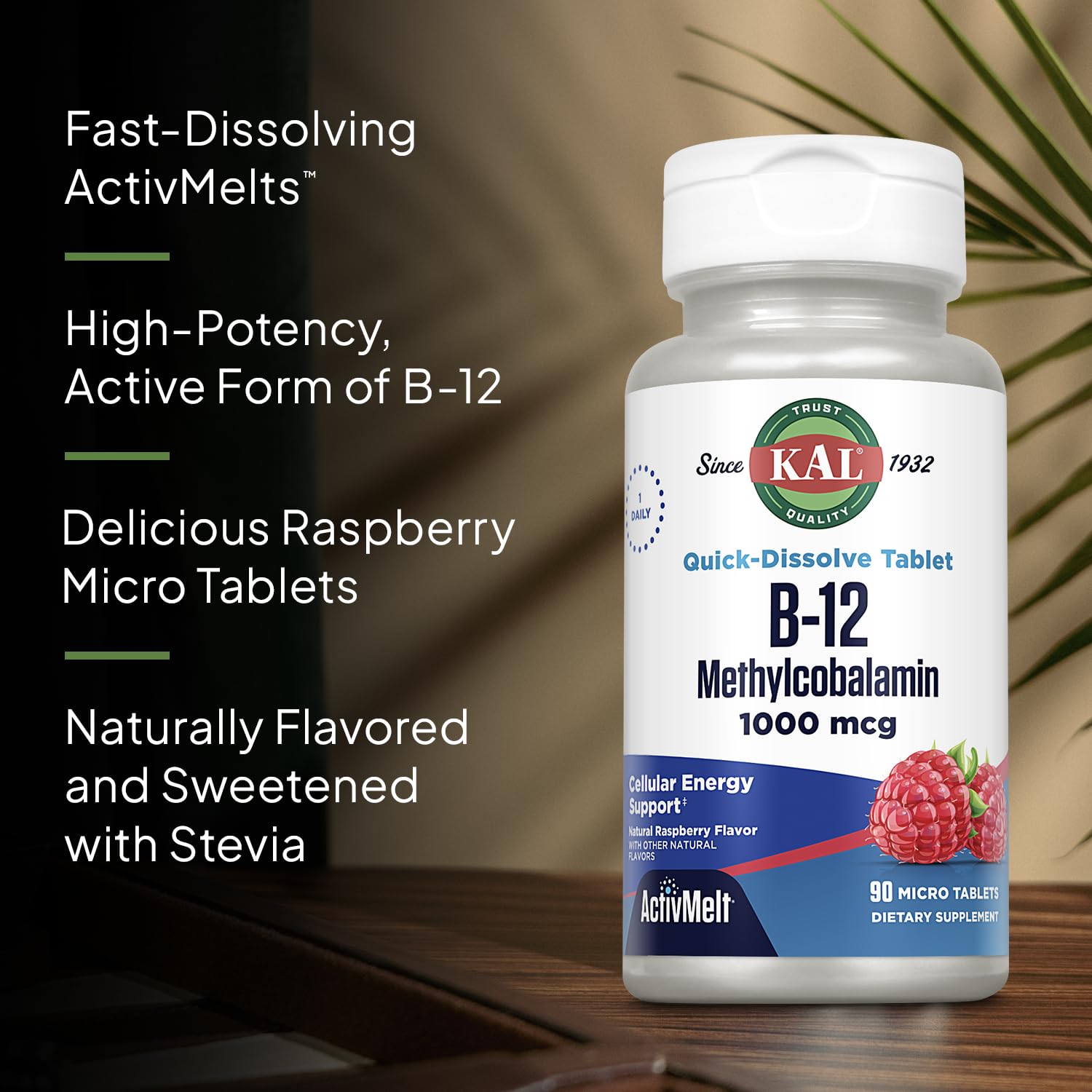 B12 ActivMelt tablet dissolving without water in a raspberry flavor