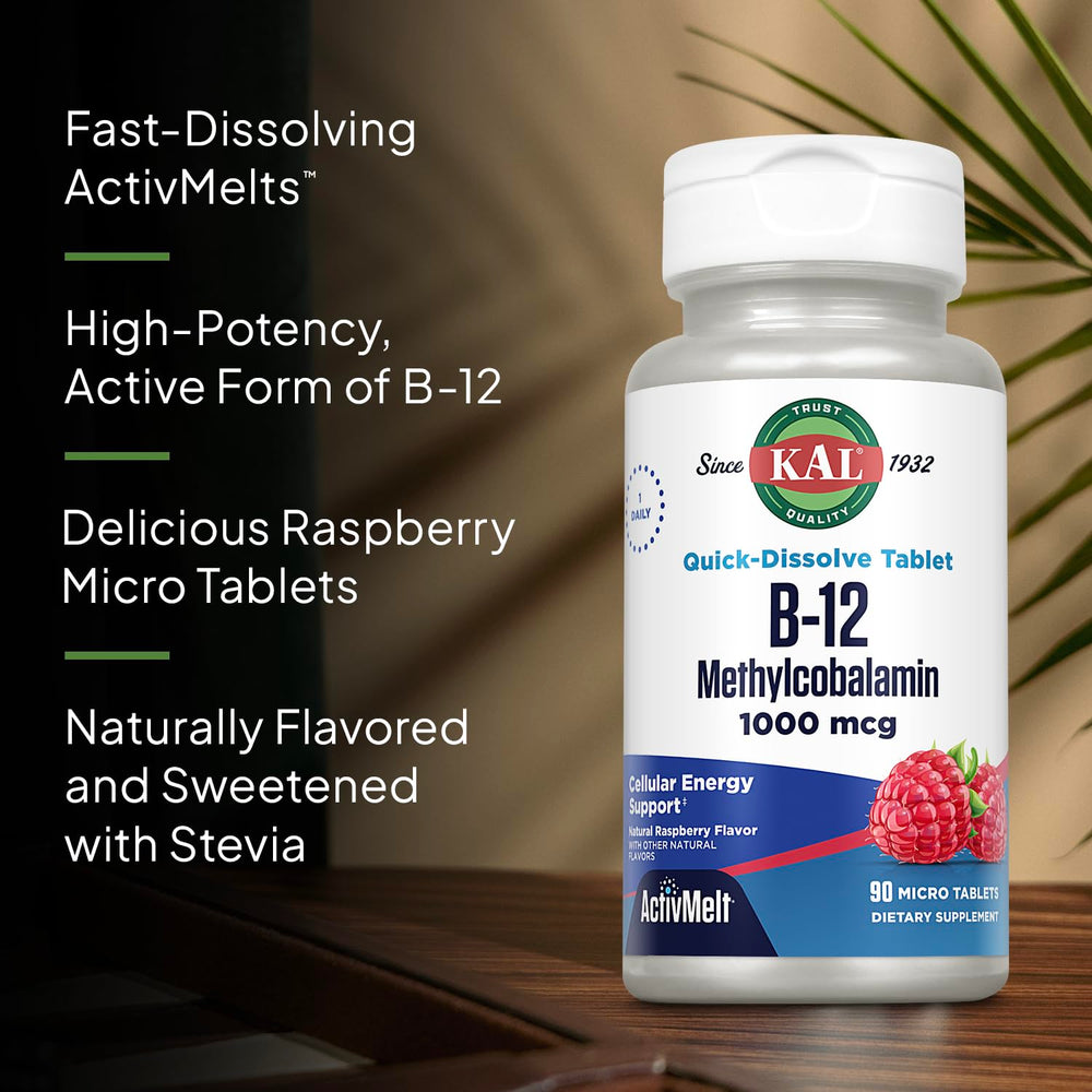 B12 ActivMelt tablet dissolving without water in a raspberry flavor