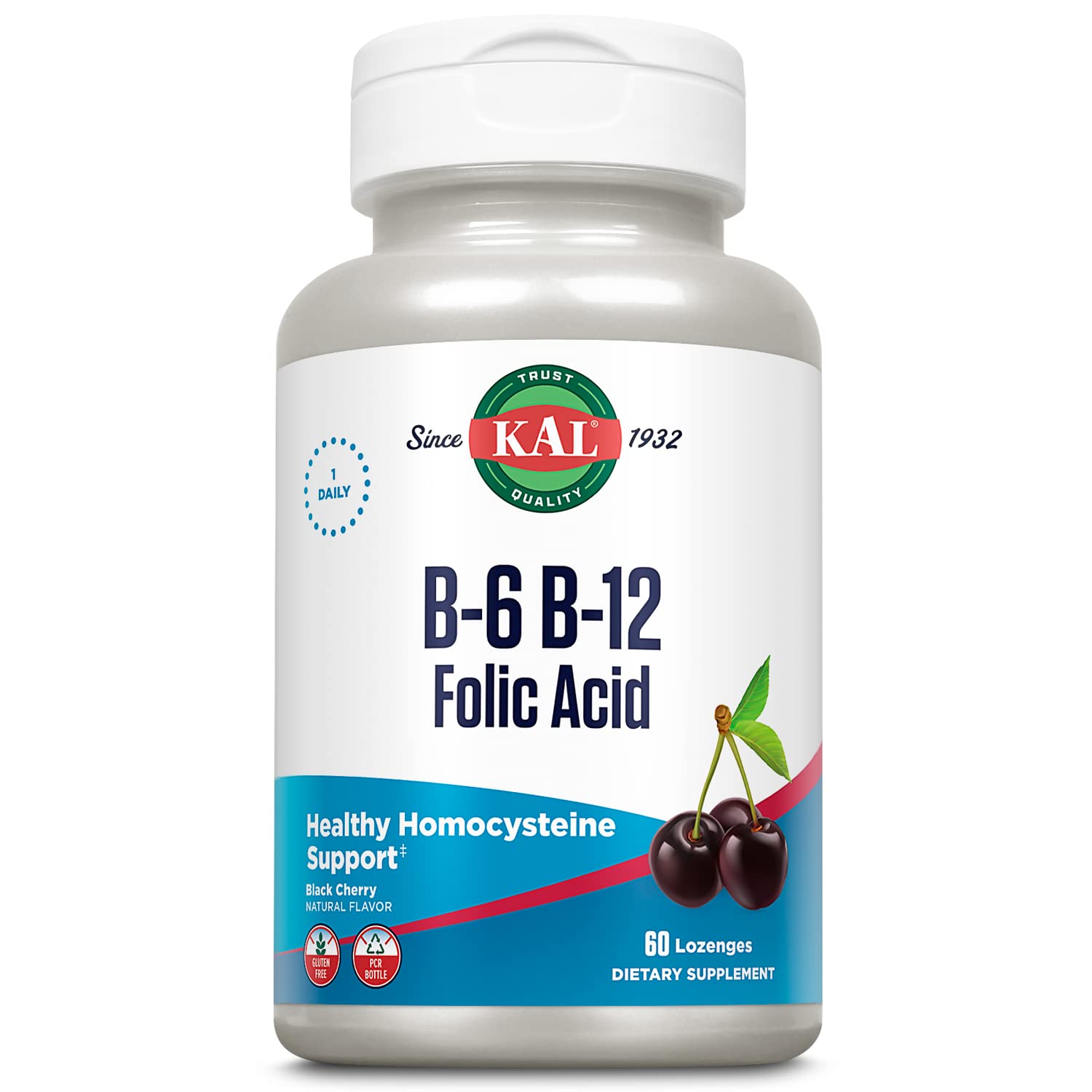 Front view of KAL Vitamin B-6 B-12 Folic Acid cherry lozenges