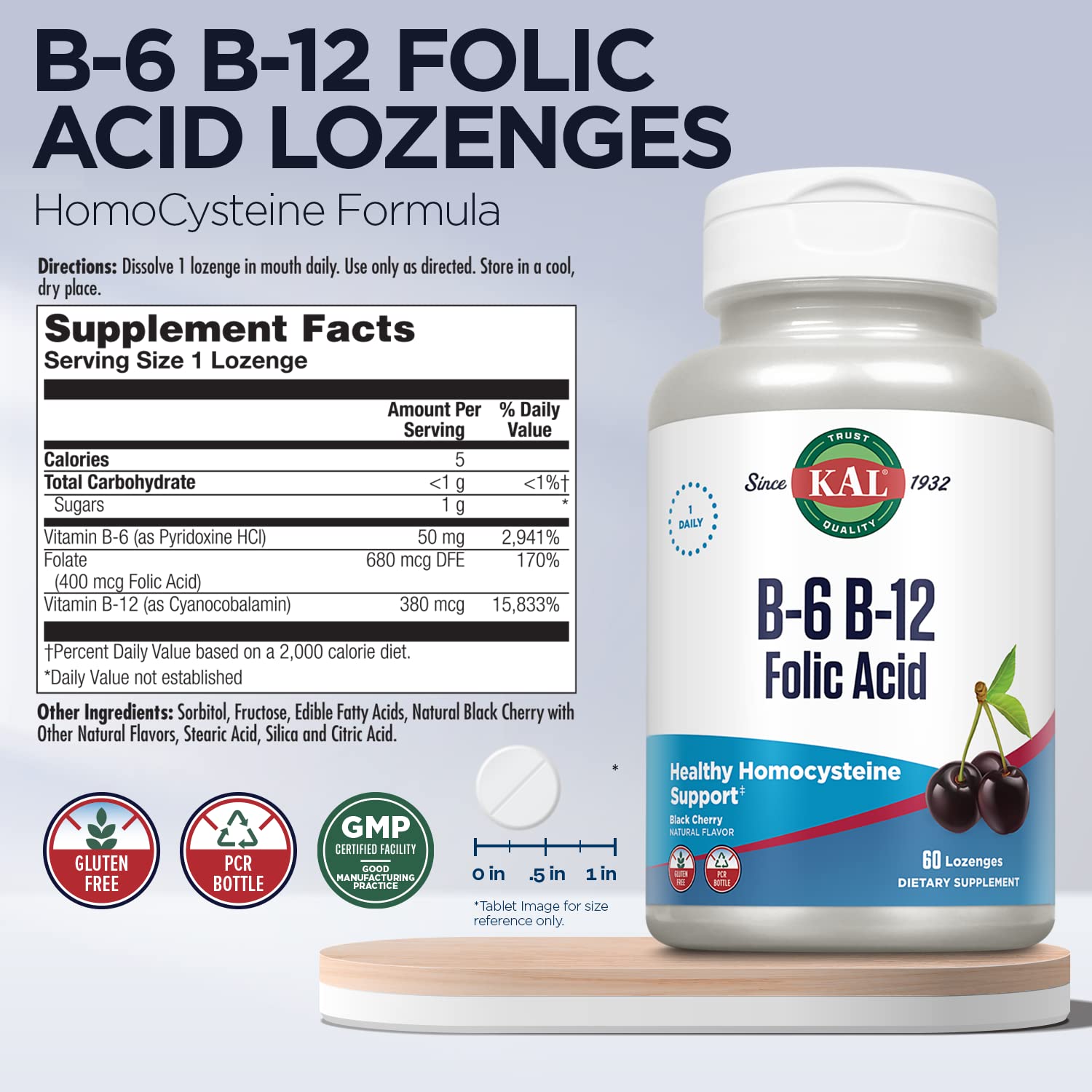 Gluten-free label on KAL B-6 B-12 Folic Acid lozenge package