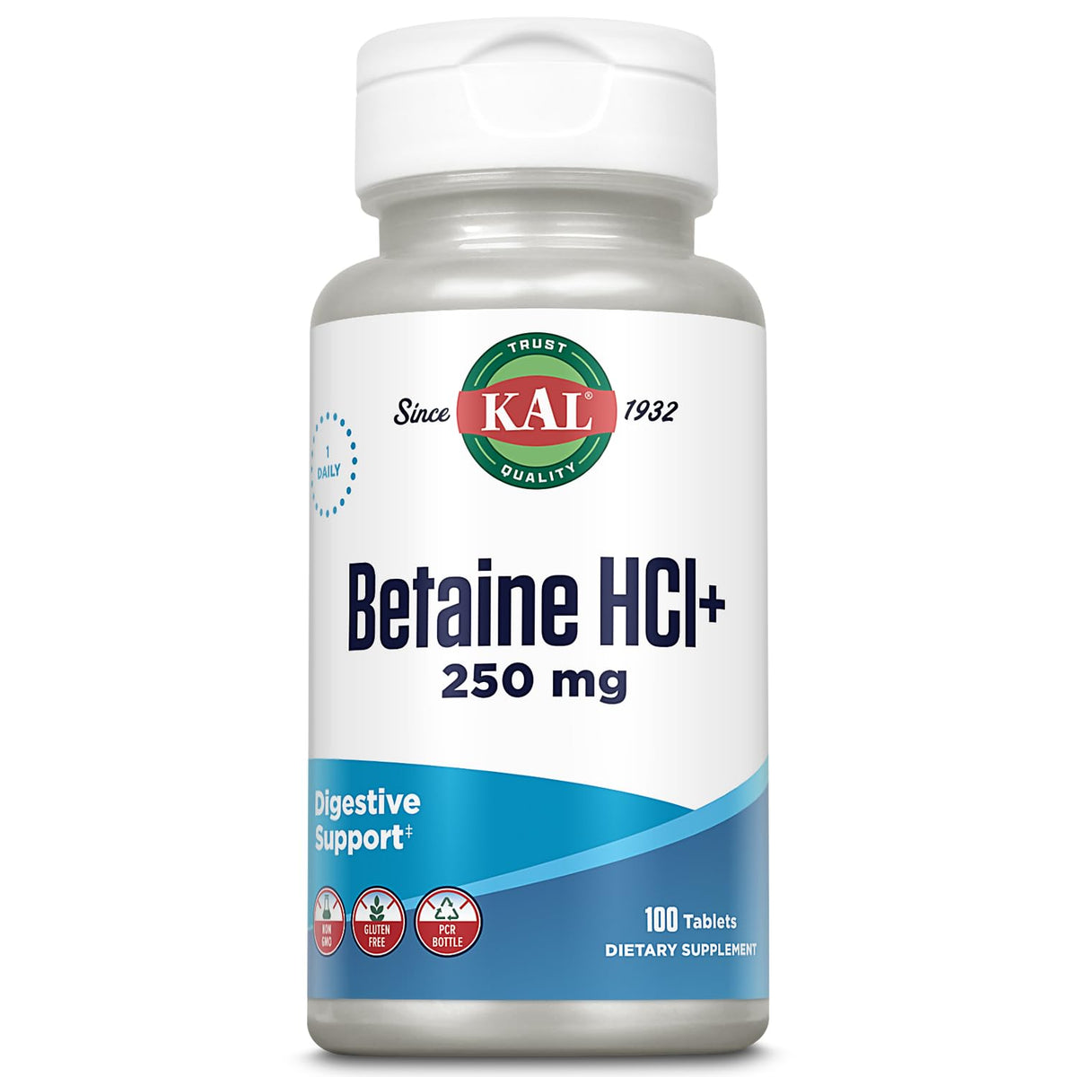 KAL Betaine HCL with Pepsin bottle and label showing 60-day guarantee