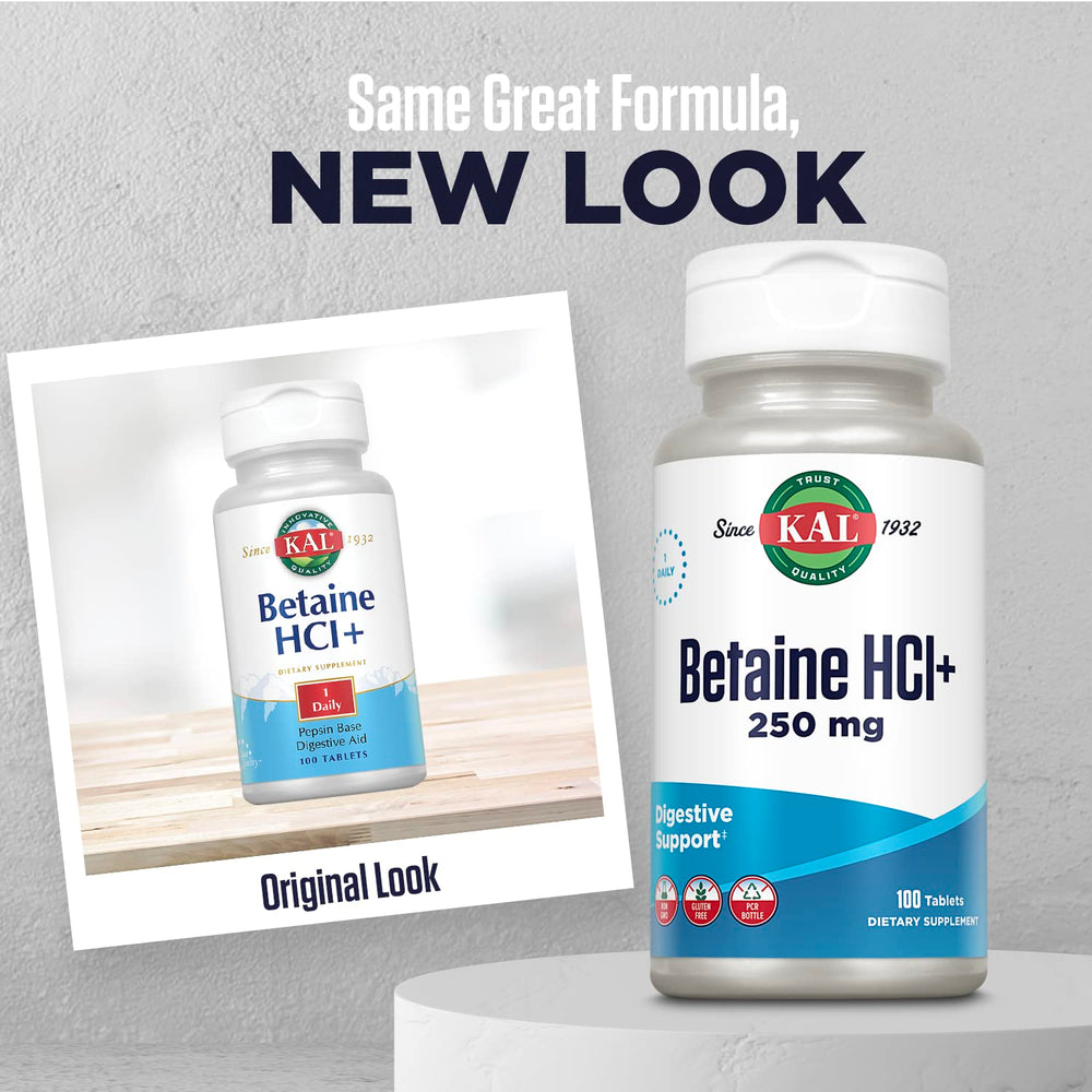 Close-up of Betaine HCl 250mg and Pepsin 130mg ingredients on supplement bottle label