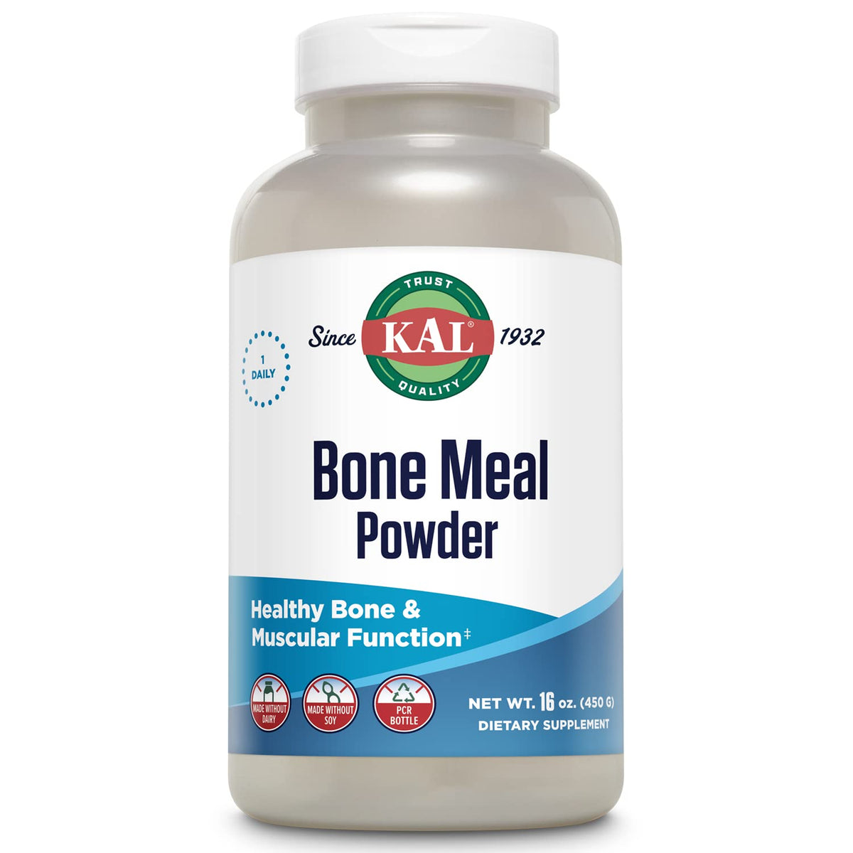 Front view of KAL Bone Meal Powder sterilized 16 oz bottle