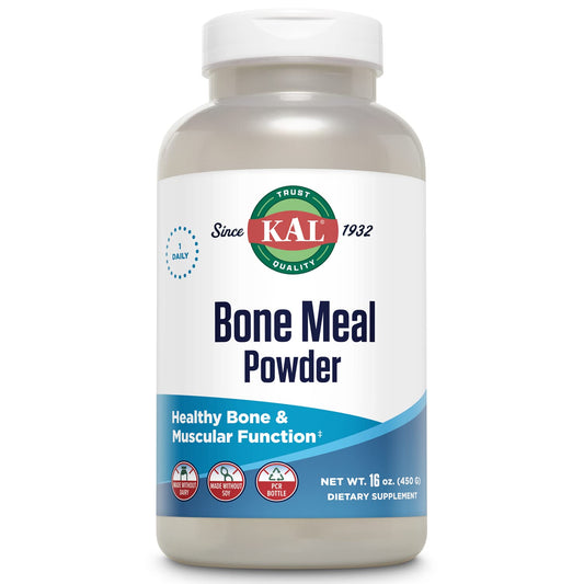 Front view of KAL Bone Meal Powder sterilized 16 oz bottle