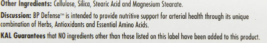 Close-up of KAL BP Defense Tablets bottle label
