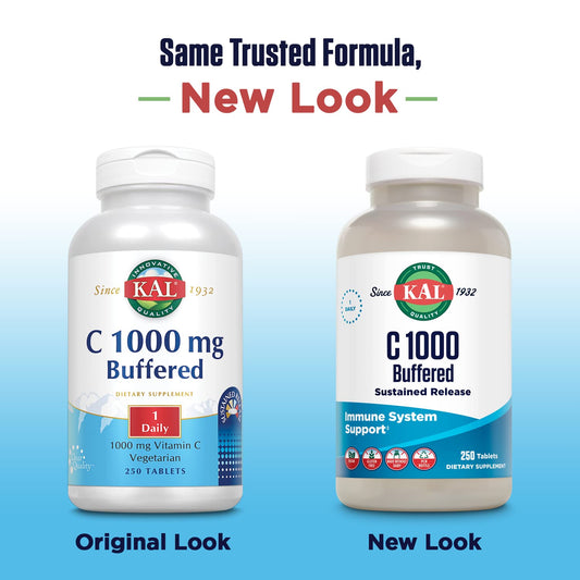 Close-up of KAL C-1000 Vitamin C tablets, 1000 mg, 250 count