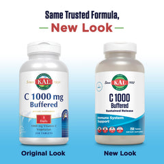 Close-up of KAL C-1000 Vitamin C tablets, 1000 mg, 250 count