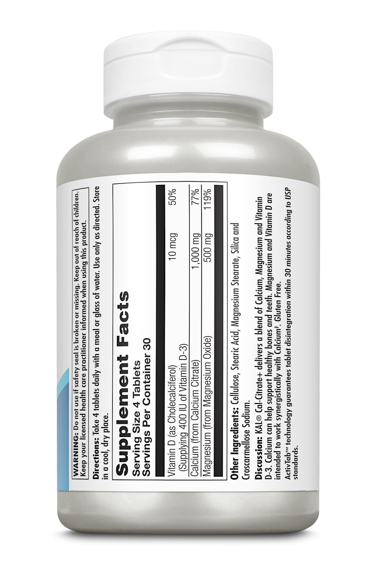 Back label with supplement facts for KAL Cal-Citrate+