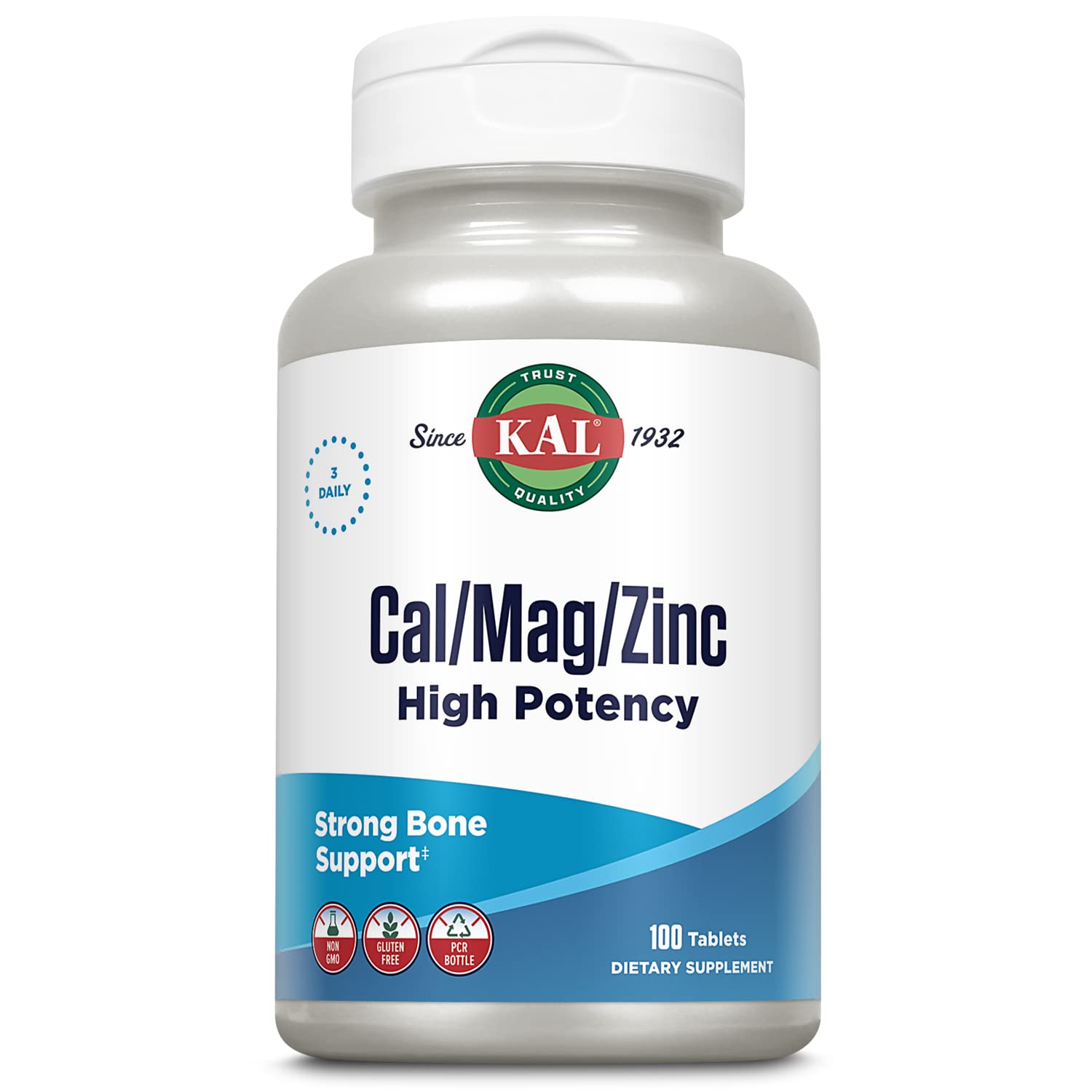 Bottle of KAL Cal/Mag/Zinc 1000mg Calcium, 400mg Magnesium and 15mg Zinc, 100-count