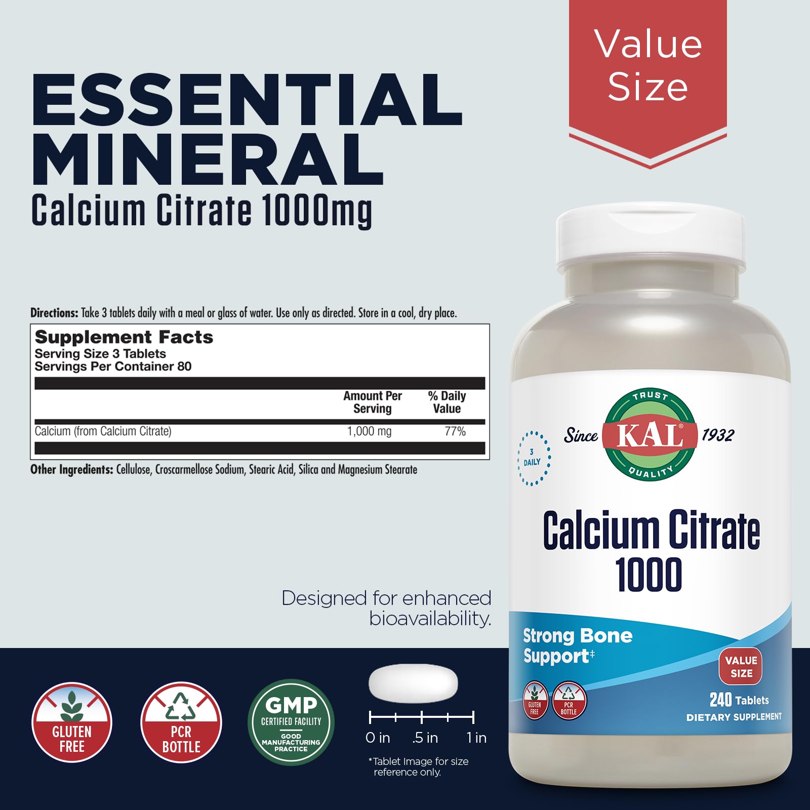 Front view of KAL Calcium Citrate 1000mg tablets