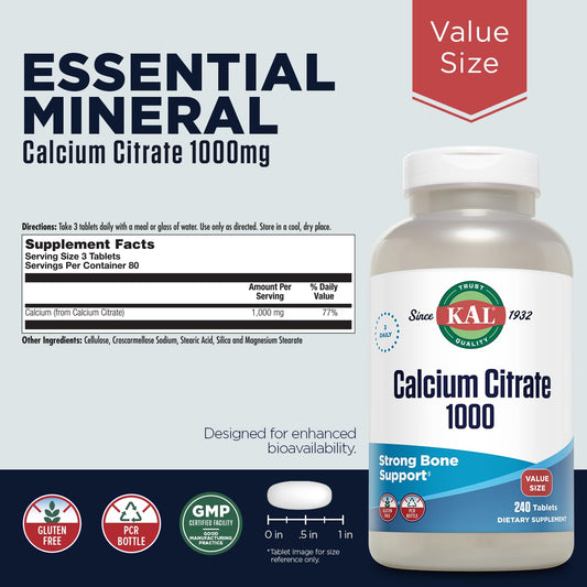 Front view of KAL Calcium Citrate 1000mg tablets