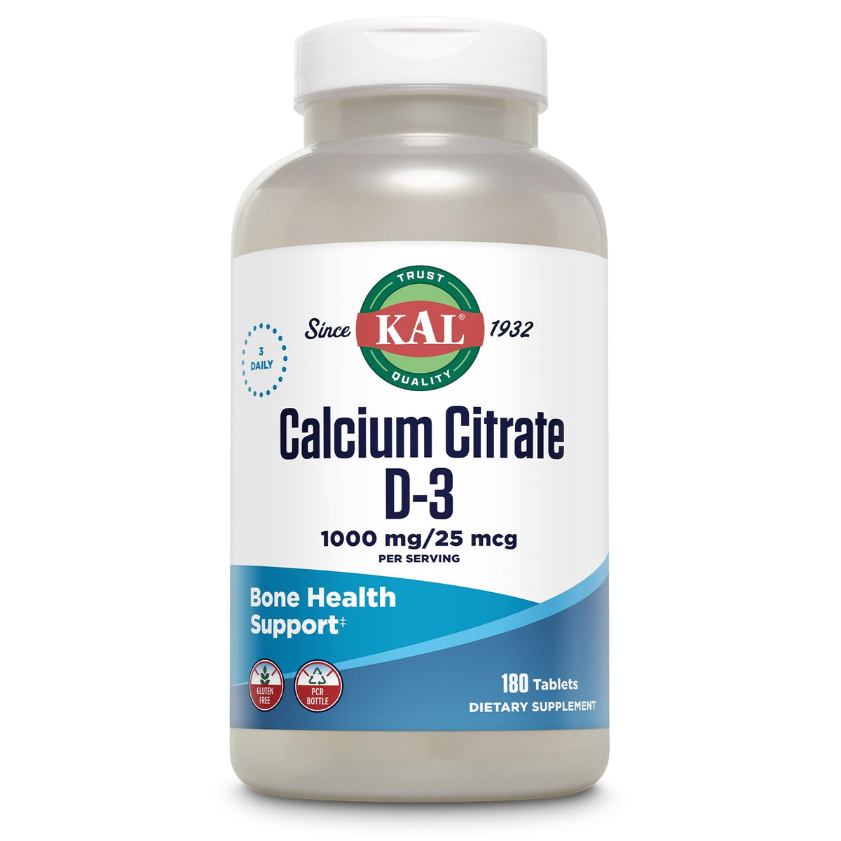 Front view of KAL Calcium Citrate with Vitamin D 1000 IU tablets, 180-count bottle