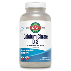 Front view of KAL Calcium Citrate with Vitamin D 1000 IU tablets, 180-count bottle