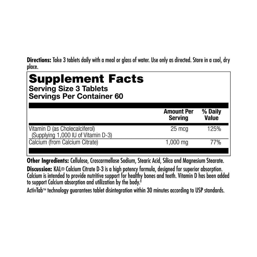Nutrition information label for KAL Calcium Citrate with Vitamin D 1000 IU tablets