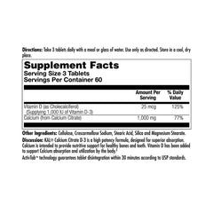 Nutrition information label for KAL Calcium Citrate with Vitamin D 1000 IU tablets