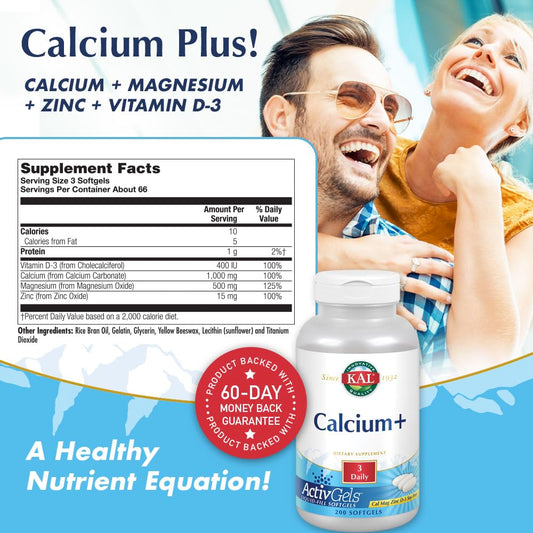 Back view of KAL Calcium Plus Tablets bottle showing supplement facts