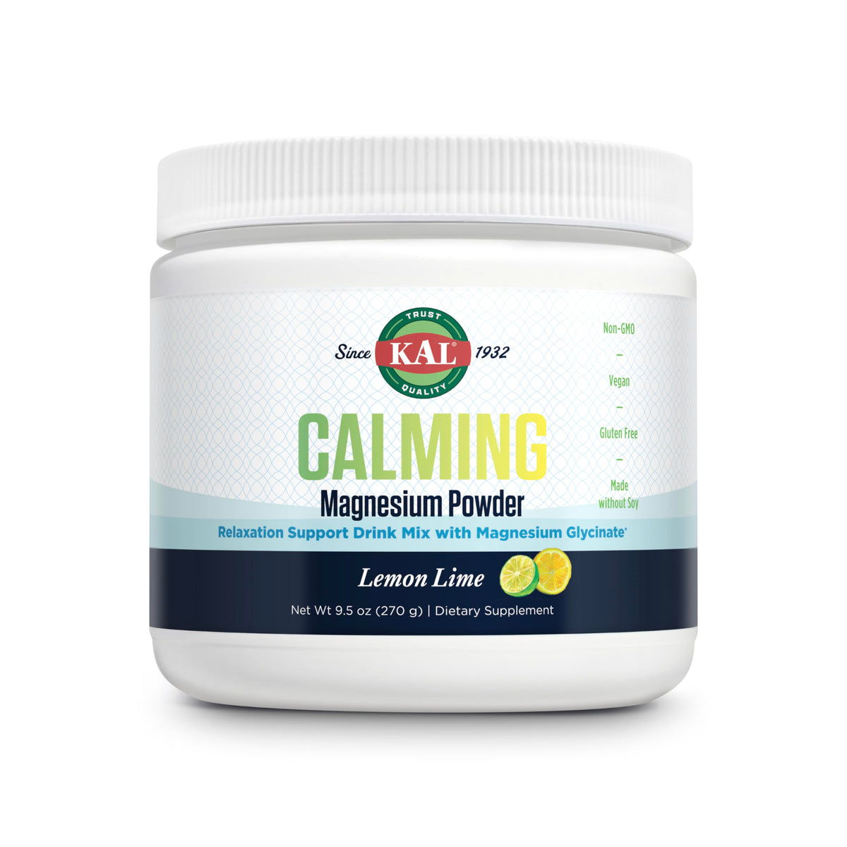 KAL Calming Magnesium Powder Lemon Lime bottle with scoop