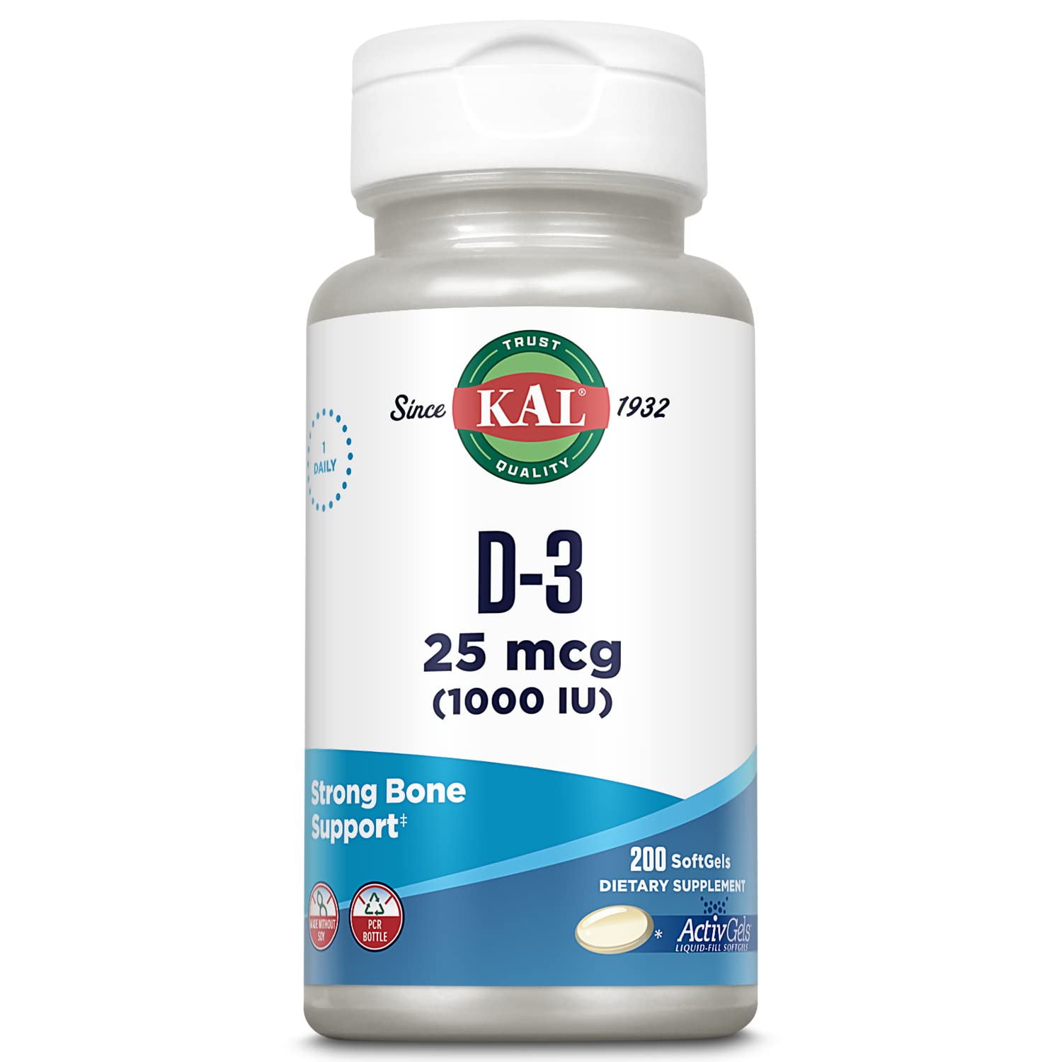 Bottle of KAL Vitamin D3 1000 IU Softgels with ActivGel