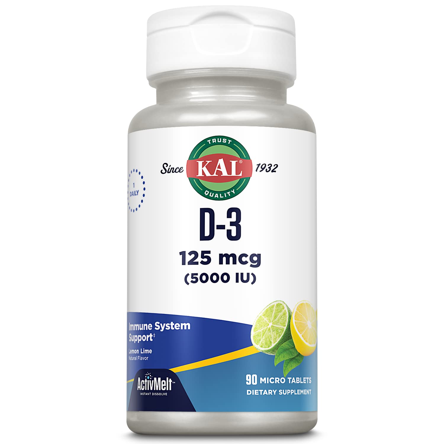 KAL Vitamin D-3 ActivMelt bottle with Lemon Lime flavor