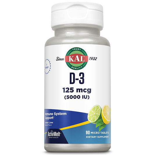 KAL Vitamin D-3 ActivMelt bottle with Lemon Lime flavor