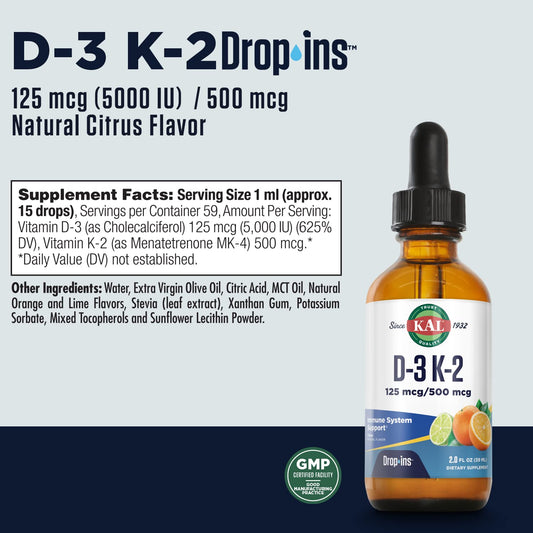 Liquid Vitamin D3 and K2 drops in citrus bottle with dropper