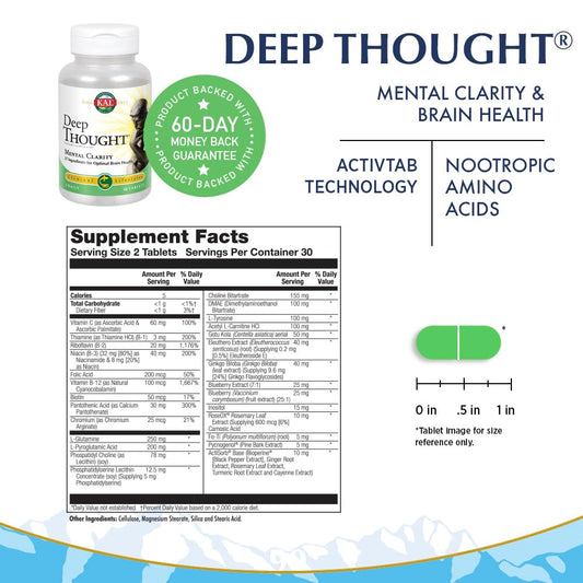 KAL Deep Thought Tablets bottle label close-up showing ingredients