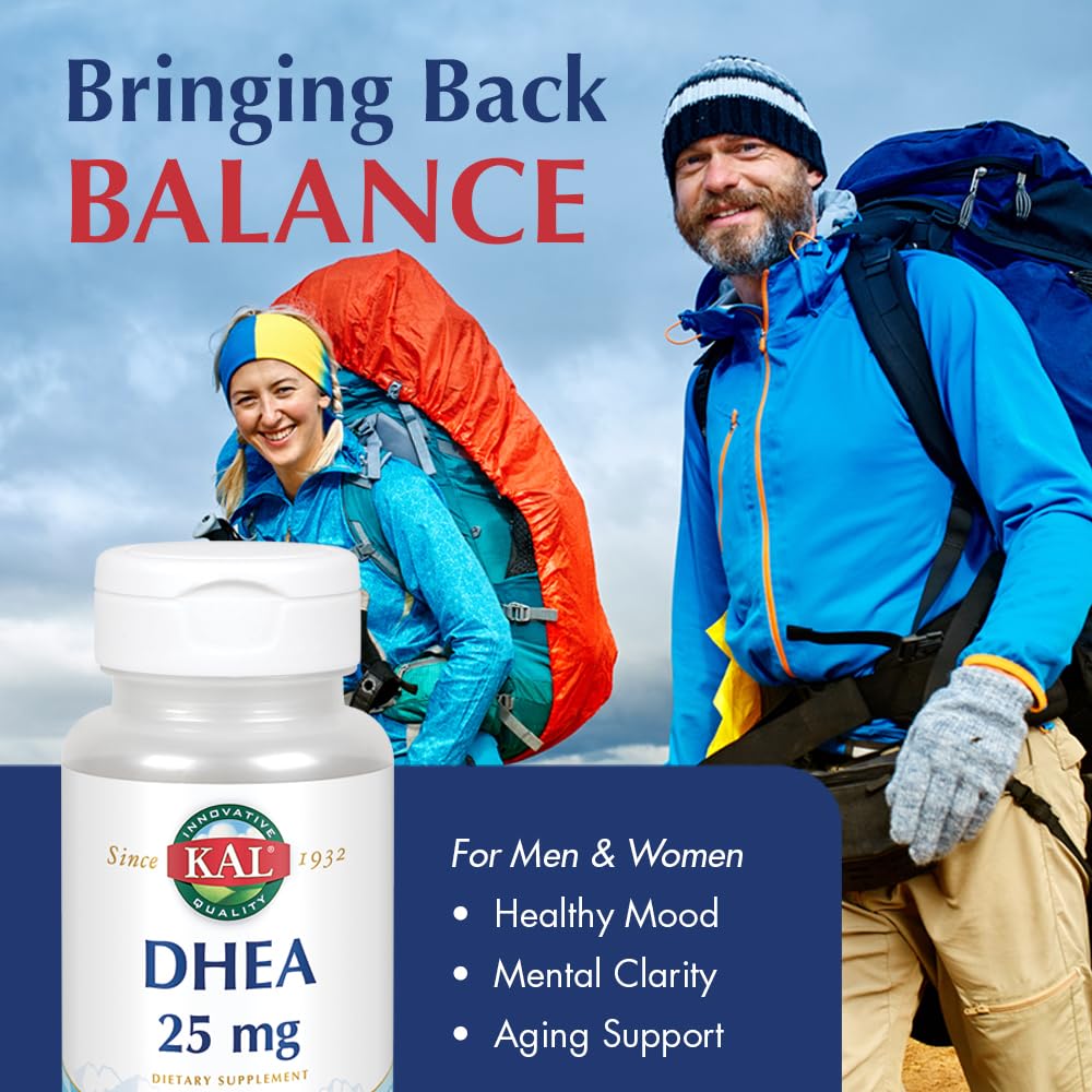Back label showing supplement facts for KAL DHEA 25 mg vegetarian tablets