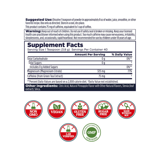 Ingredients of KAL Energy Magnesium Powder Drink showing magnesium citrate and other components