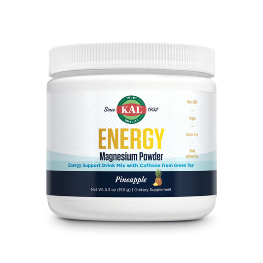 KAL Energy Magnesium Powder Drink Pineapple flavor in a serving scoop with pineapple slices