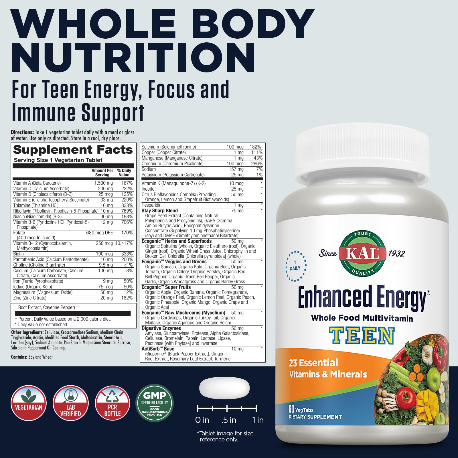 Close-up view of Kal Enhanced Energy for Teens Tablets bottle label