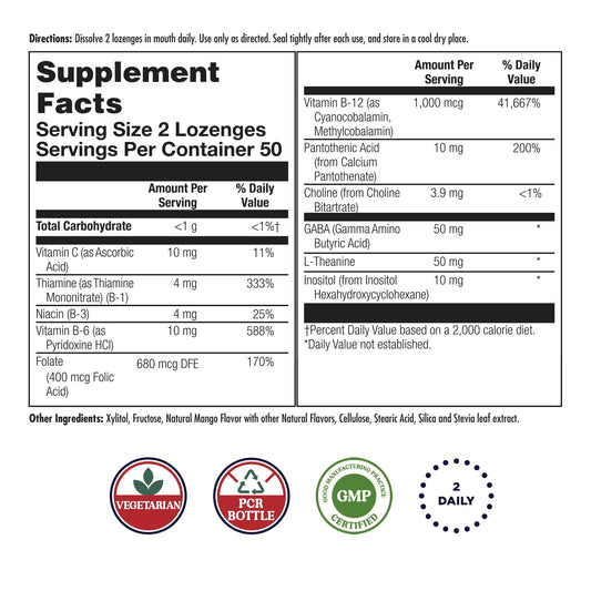 KAL GABA L-Theanine Stress B Lozenges nutrition label back