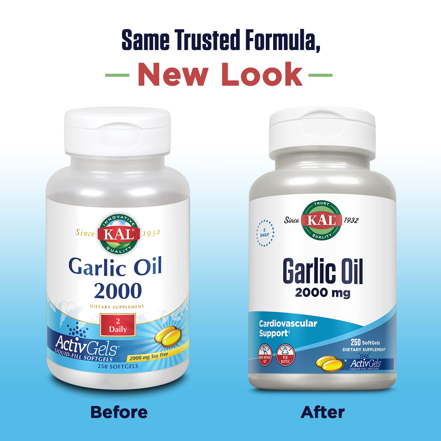KAL Garlic Oil 2000 Softgels container close-up with 250 softgels