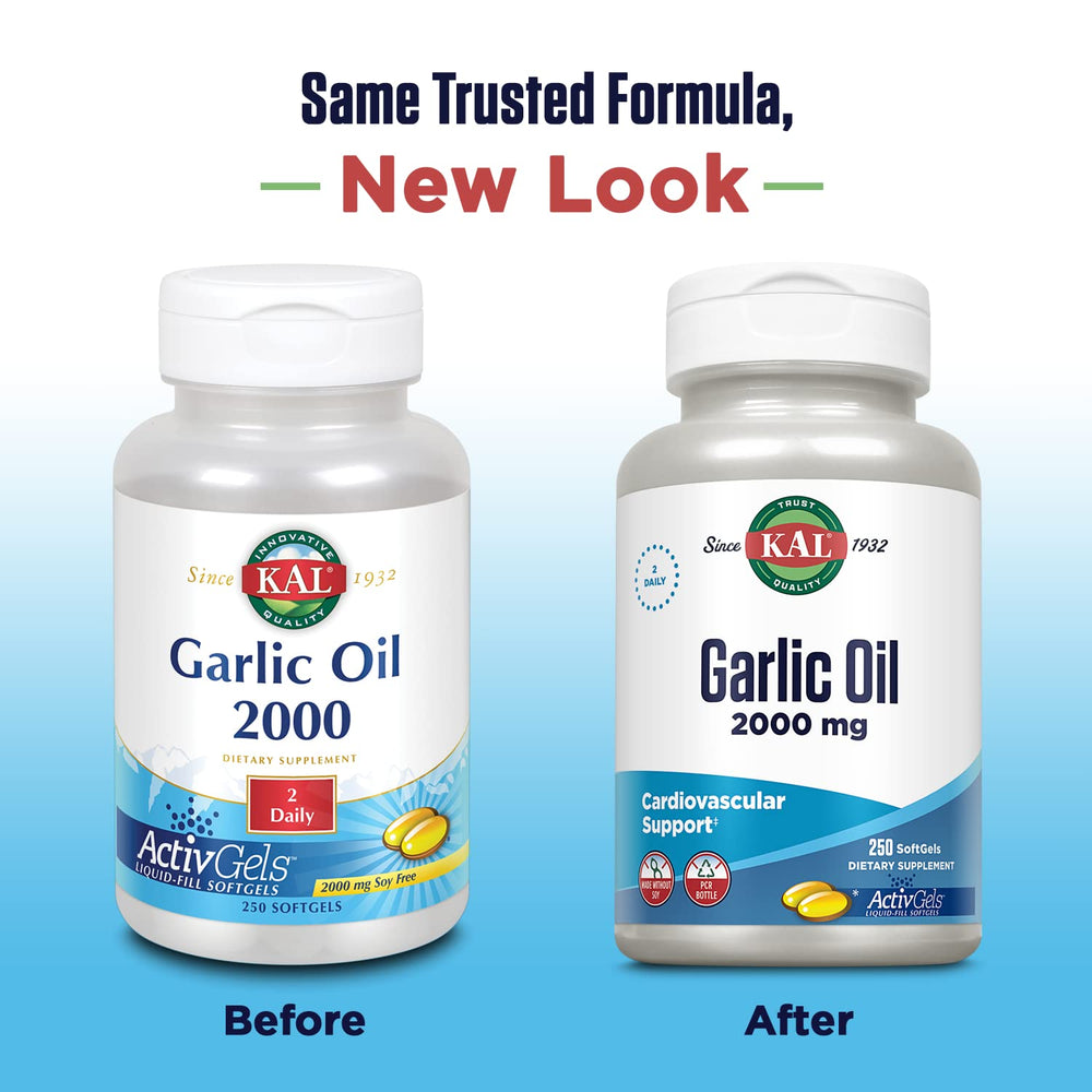 KAL Garlic Oil 2000 Softgels container close-up with 250 softgels