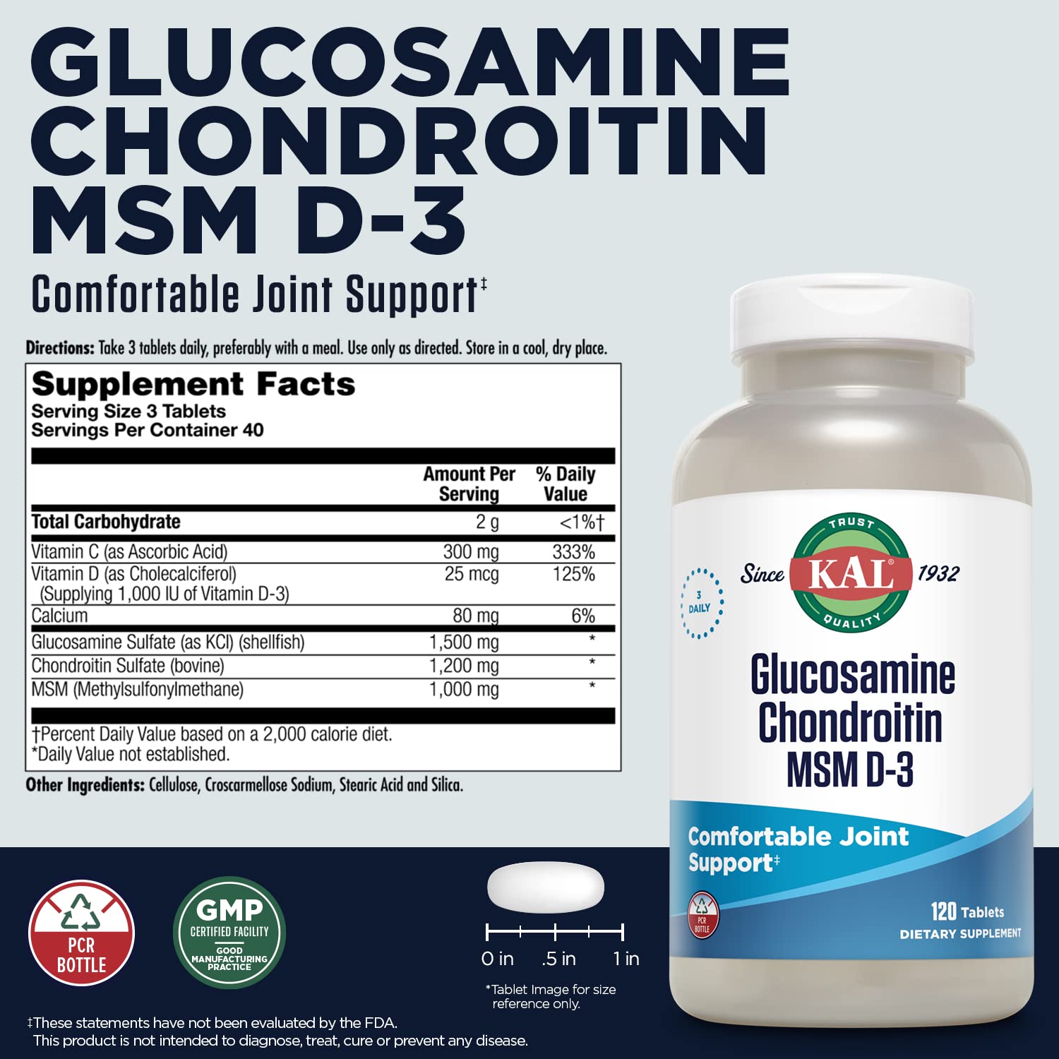 Bottle of KAL Glucosamine Chondroitin MSM D-3 joint support supplement
