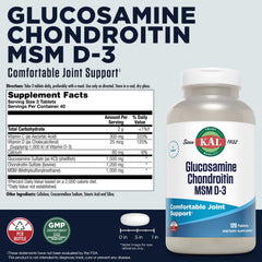Bottle of KAL Glucosamine Chondroitin MSM D-3 joint support supplement