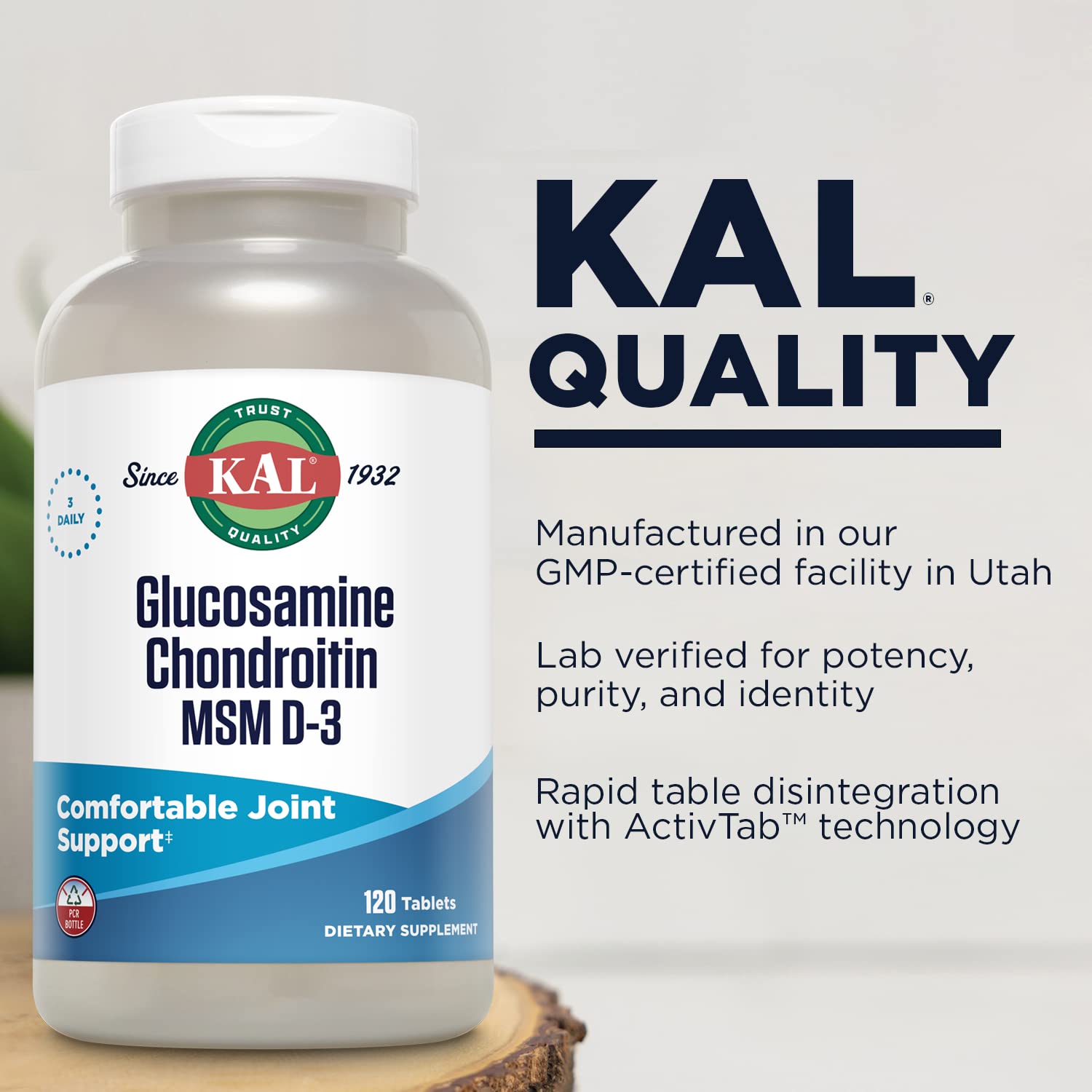 Product label for KAL Glucosamine Chondroitin MSM D-3
