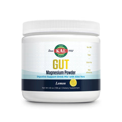 Front view of KAL Gut Magnesium Plus Aloe Vera Powder lemon drink mix jar (4.8 oz, 40 servings).