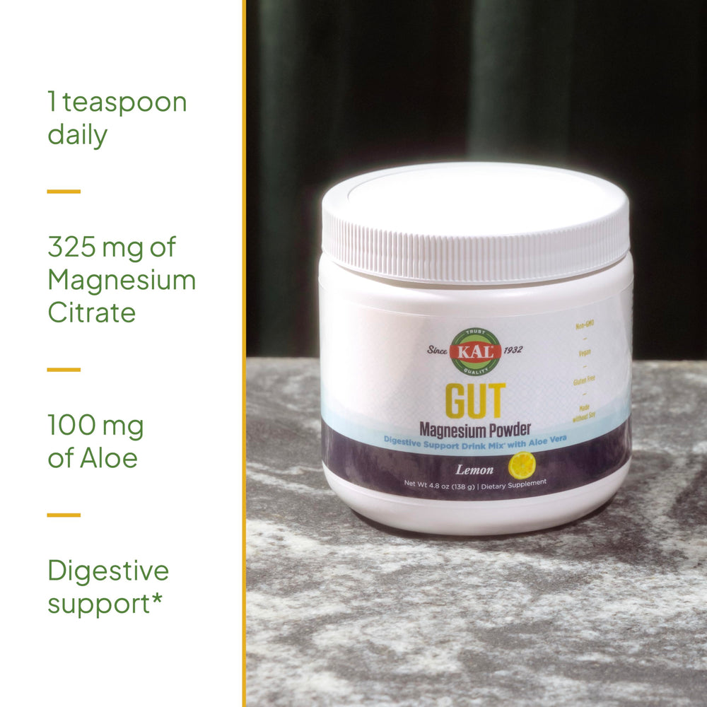 Nutrition facts panel for KAL Gut Magnesium Plus Aloe Vera Lemon Drink Mix.