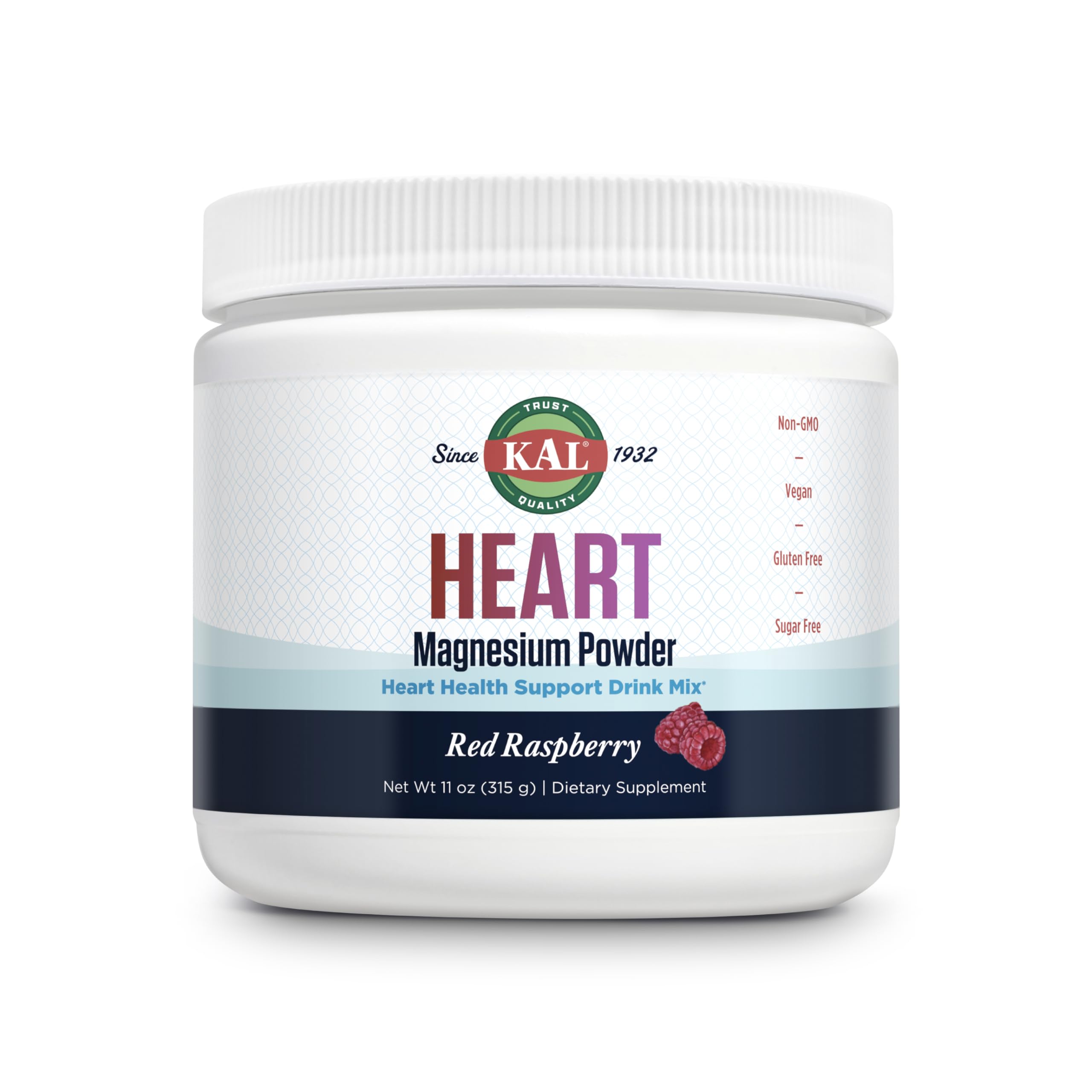 KAL Heart Magnesium Powder container with red raspberry flavor and scoop