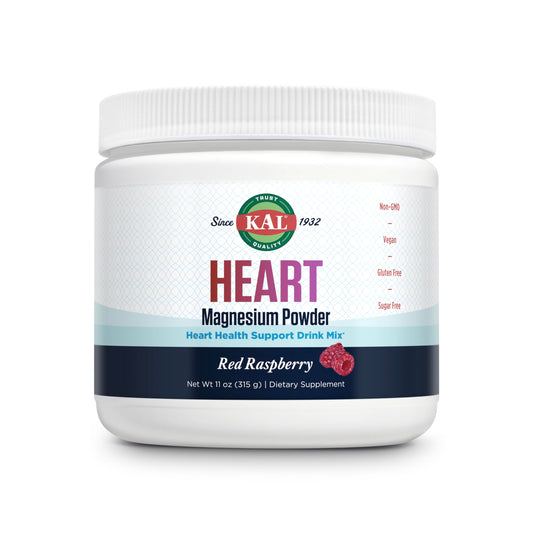 KAL Heart Magnesium Powder container with red raspberry flavor and scoop
