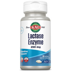Front view of KAL Lactase Enzyme bottle with label showing 60 softgels