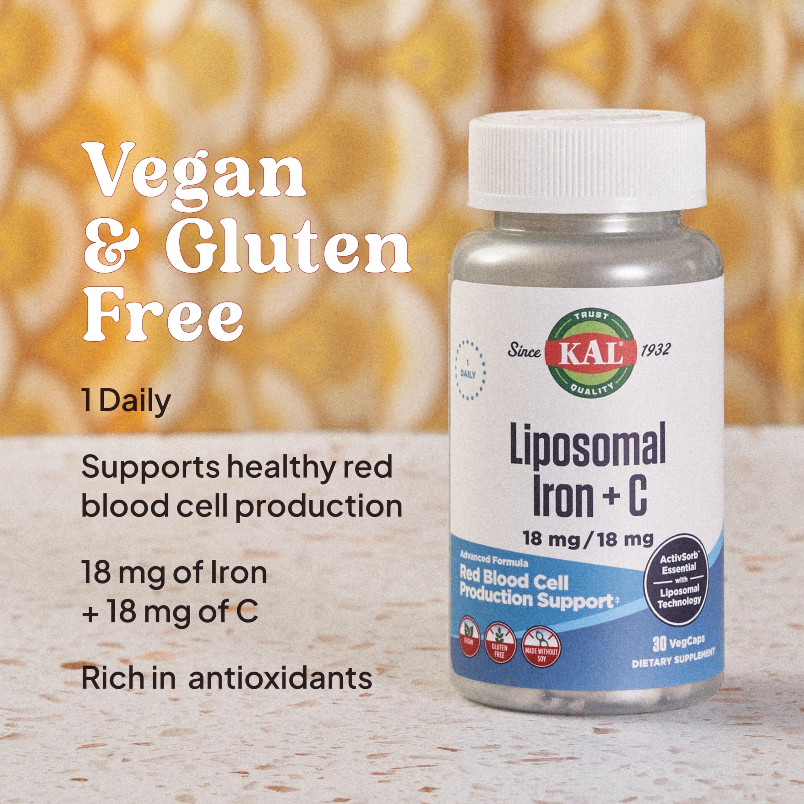 Close-up of capsules from KAL liposomal iron with vitamin C