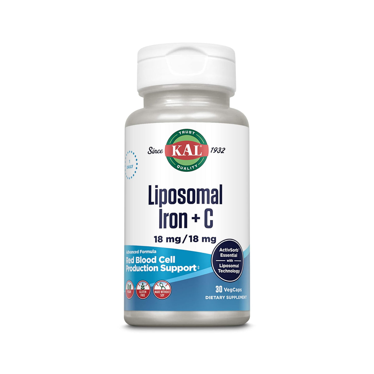 KAL Liposomal Iron with Vitamin C bottle showing 30 vegan capsules