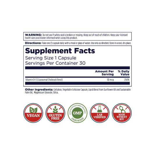 Back label detailing supplement facts for KAL Liposomal Vitamin D3 50 mcg