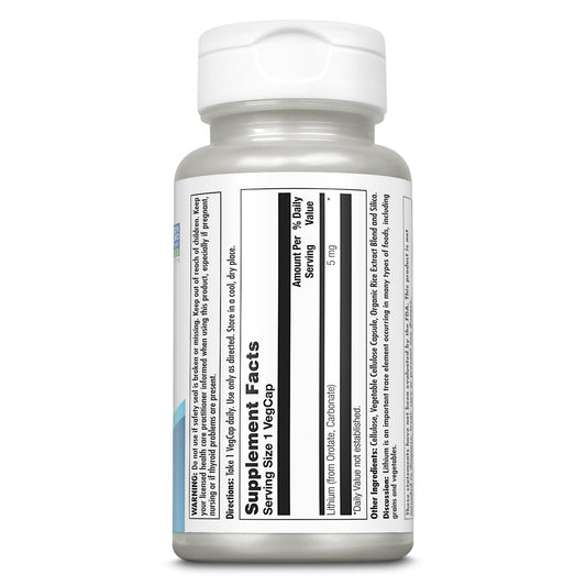 Front view of KAL Lithium Orotate 5 mg VegCaps bottle