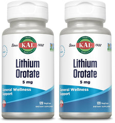Front view of KAL Lithium Orotate 5 mg VegCaps Pack of 2 bottle