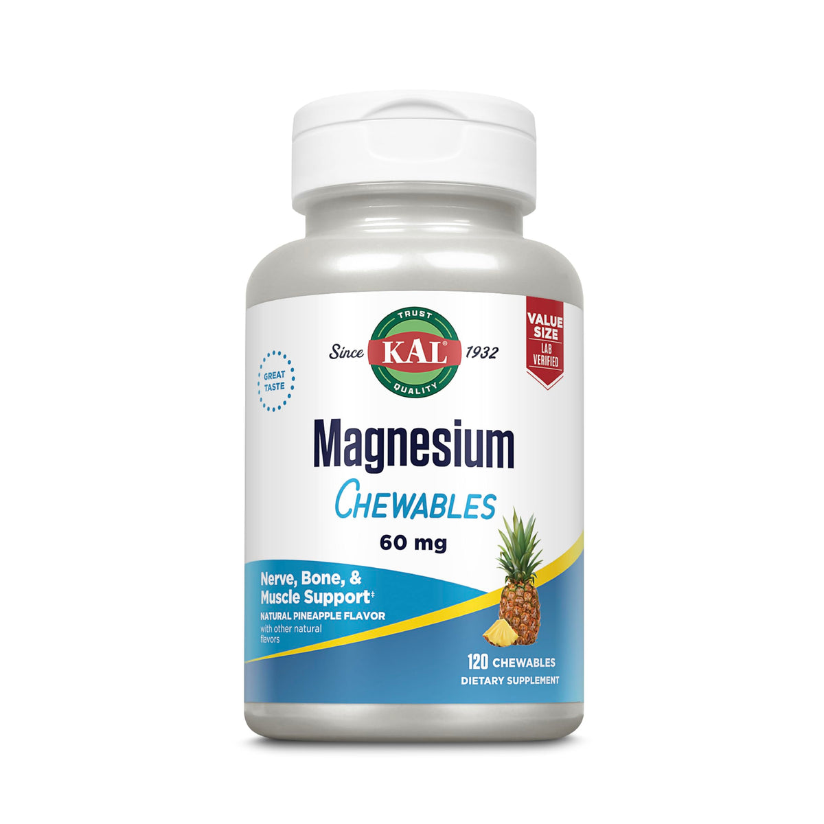 KAL Magnesium Chewables pineapple flavor bottle front