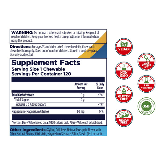 One pineapple-flavored magnesium chewable tablet