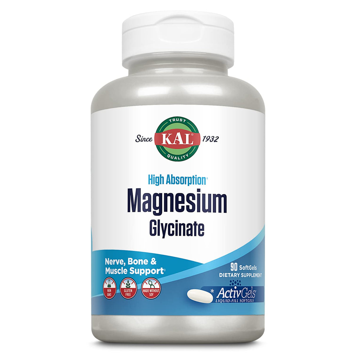 Front of KAL Magnesium Glycinate ActivGels 315mg bottle