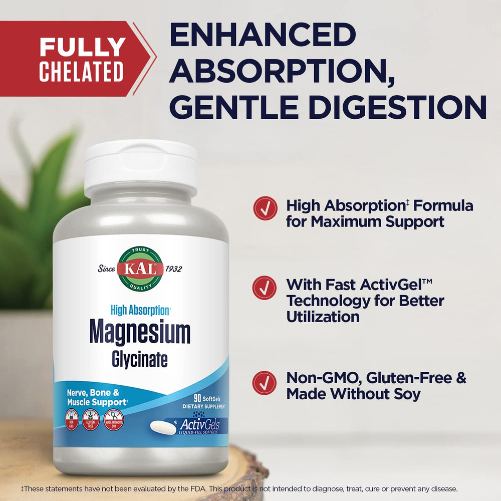 Bottle of KAL Magnesium Glycinate ActivGels softgels 90 count